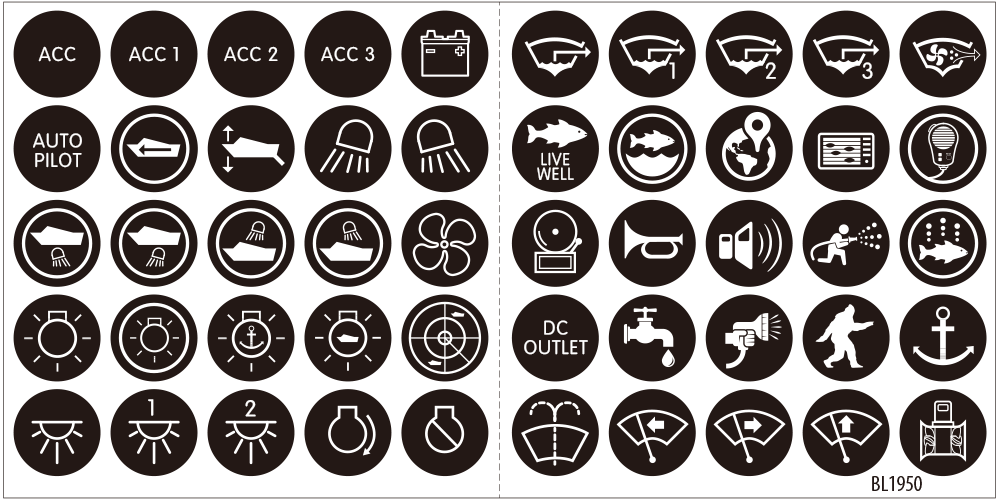 50 icon labels for backlit LED switch label kit