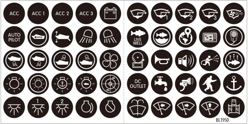 50 icon labels for backlit LED switch label kit
