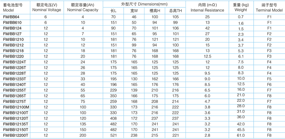 FM Series VRLA Battery Performance Parameter