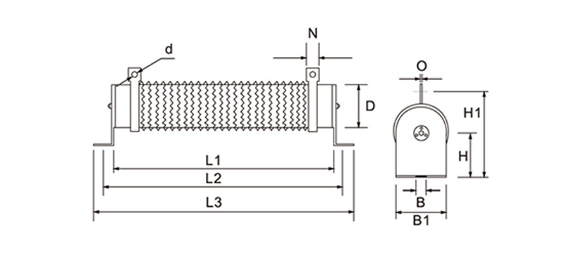 Wirewound braking resistor outline and mounting dimensions.