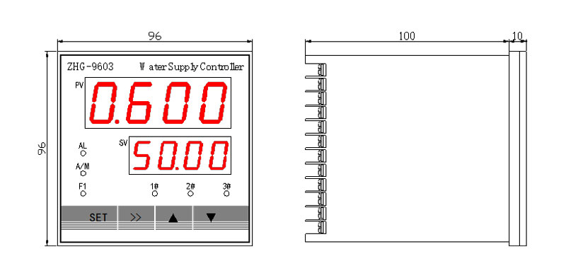 ZHG-9603 front-panel and enclosure outline dimensions.
