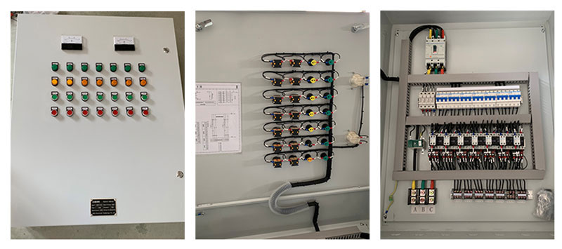 Internal and front views of the seven-motor DOL starter panel.