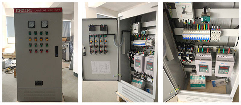 Internal and front views of the related soft-starter panel.