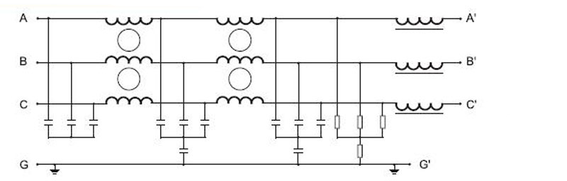 Typical three-phase EMI filter circuit arrangement.