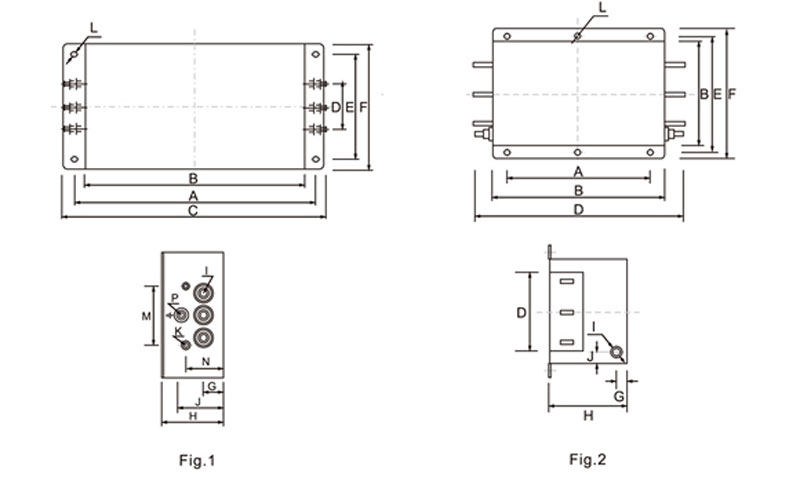 EMI filter outline and mounting dimensions for enclosed and busbar models.