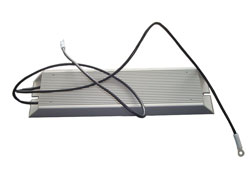 Aluminum power resistor with connection leads.