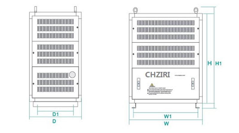 PRU resistor cabinet outline, mounting and ventilation dimensions.