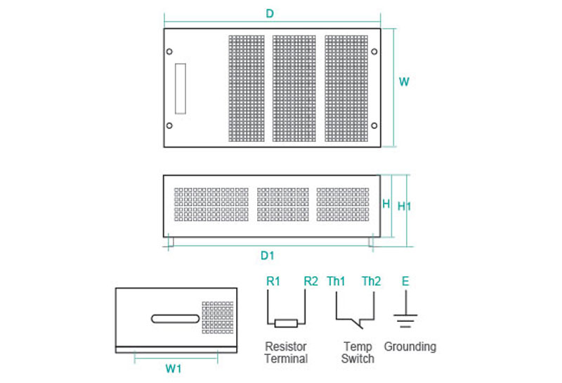 BRU resistor-box outline, mounting and terminal dimensions.