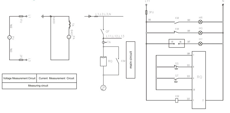 Soft starter control panel main and bypass circuit schematic.