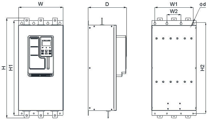 ZJR7-E outline and installation dimensions for the higher-power enclosure group.