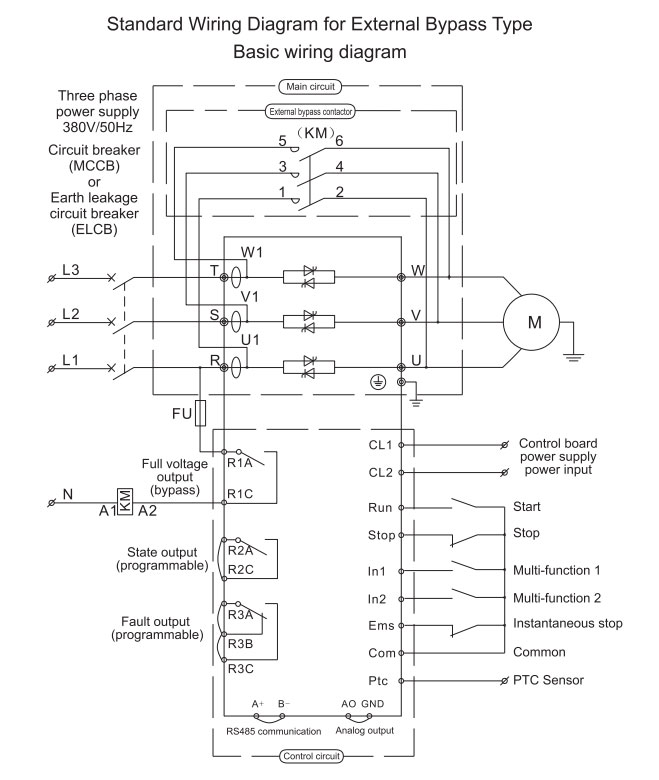 ZJR7-E power and control wiring with external bypass contactor.