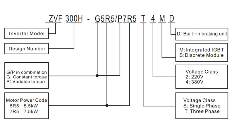 ZVF300H model-code structure and option identifiers.