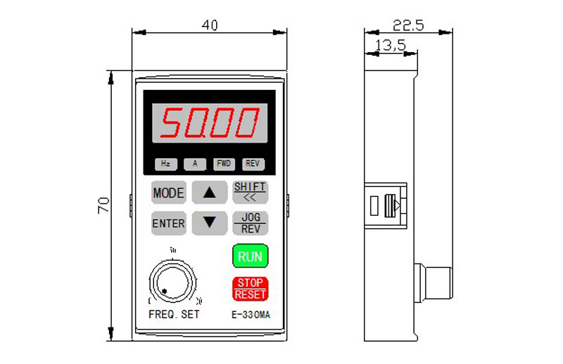 ZVF330 remote keypad dimensions and front-panel layout.