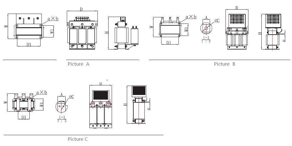 Sine-wave filter electrical schematic and enclosure references.