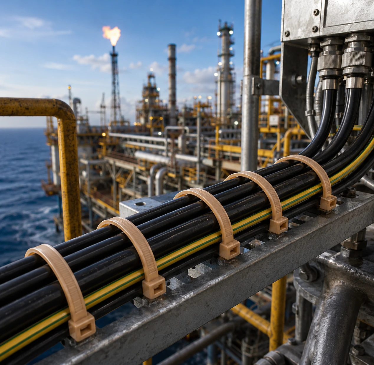 Cable bundles fixed along oil and gas equipment