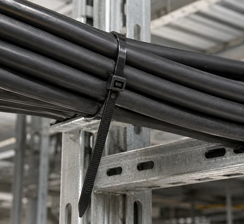 Wide tie fastening a large cable bundle