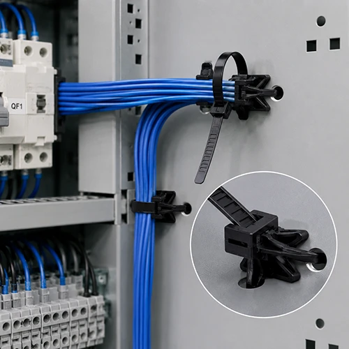 Push-mount cable tie positioning a panel cable bundle