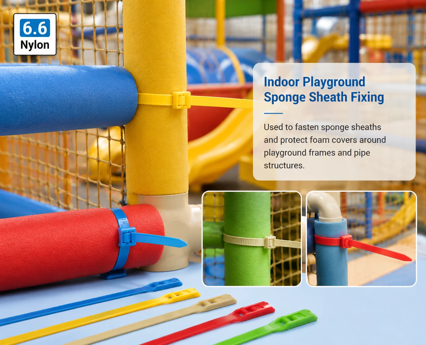 Colored ties fastening foam covers around playground posts
