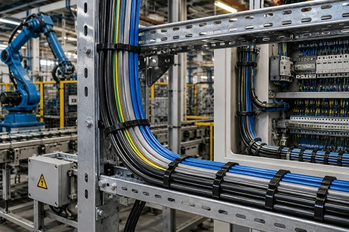 Cable bundles routed along industrial equipment supports