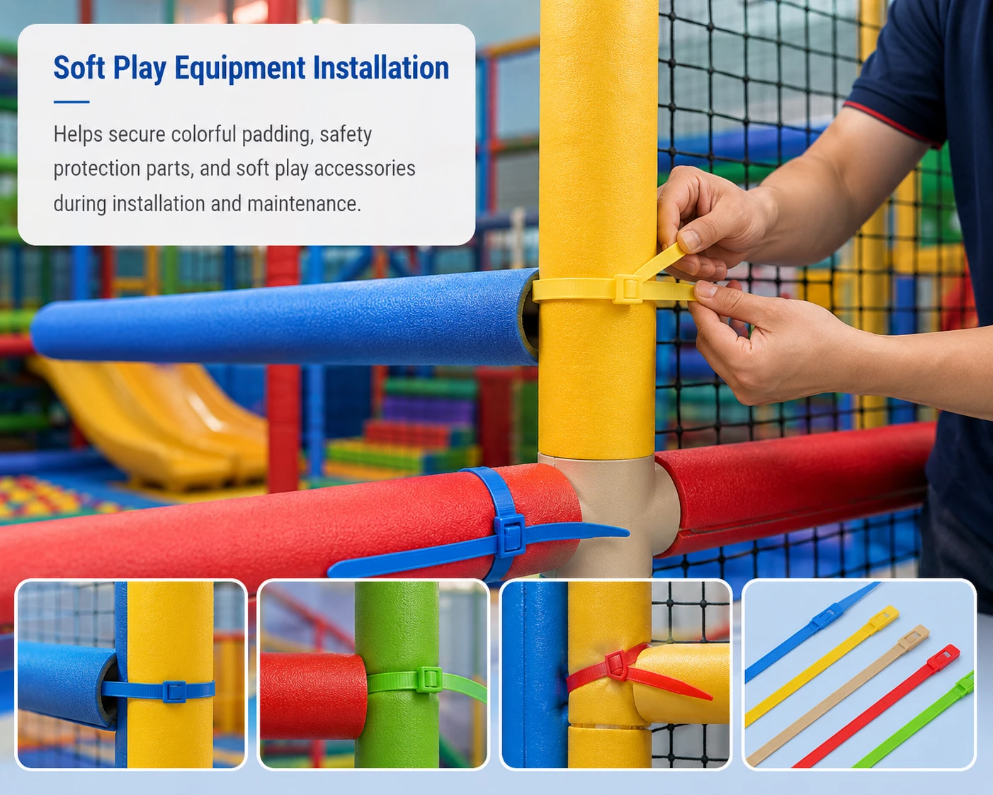 A tie being fitted to a padded playground rail