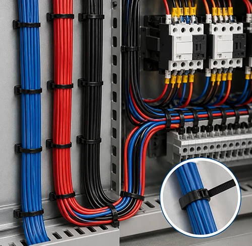 Cable ties organizing control panel wiring