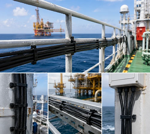 Bundled cables along marine equipment structures
