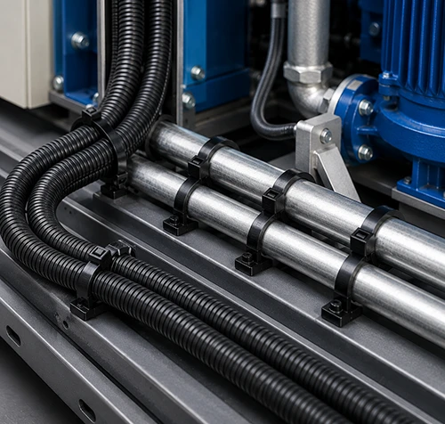 Cable and pipe routes beside machinery