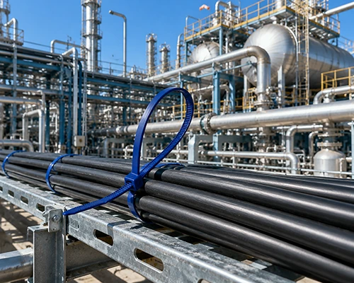 Blue tie fastening a cable bundle on an industrial cable route