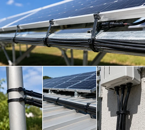 Cable ties along solar structures and outdoor equipment