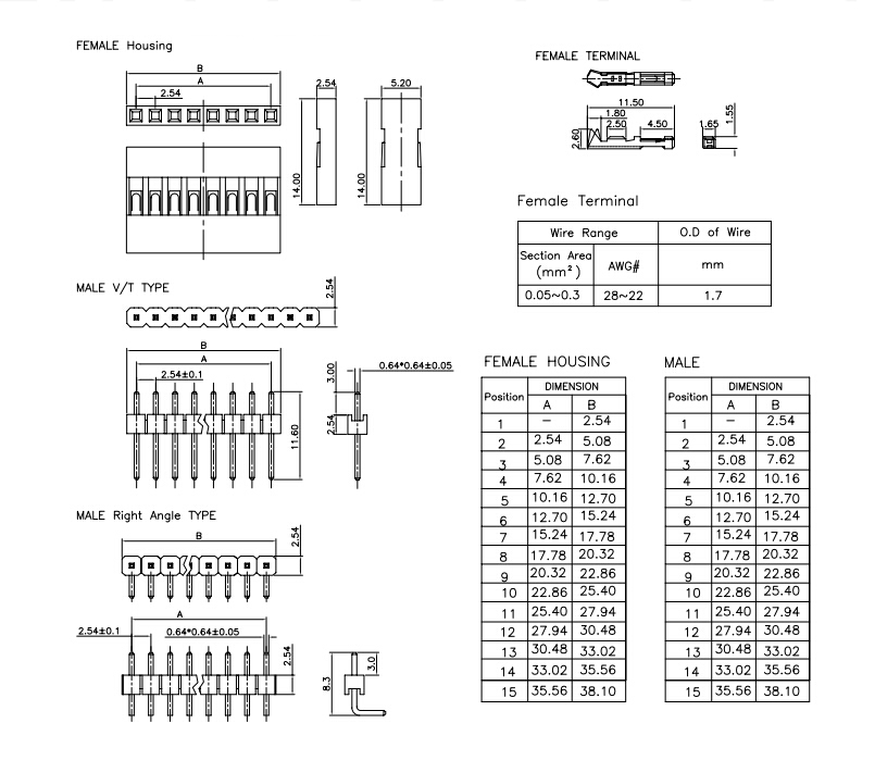 PCB459 terminal wire table female housing dimensions and male vertical right-angle headers