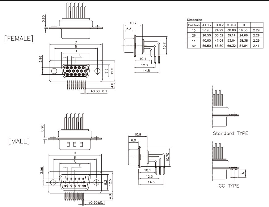 MP426B three tail rows male female outlines and mating dimensions