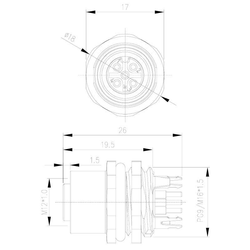M12 shielded front female straight PCB dimensions