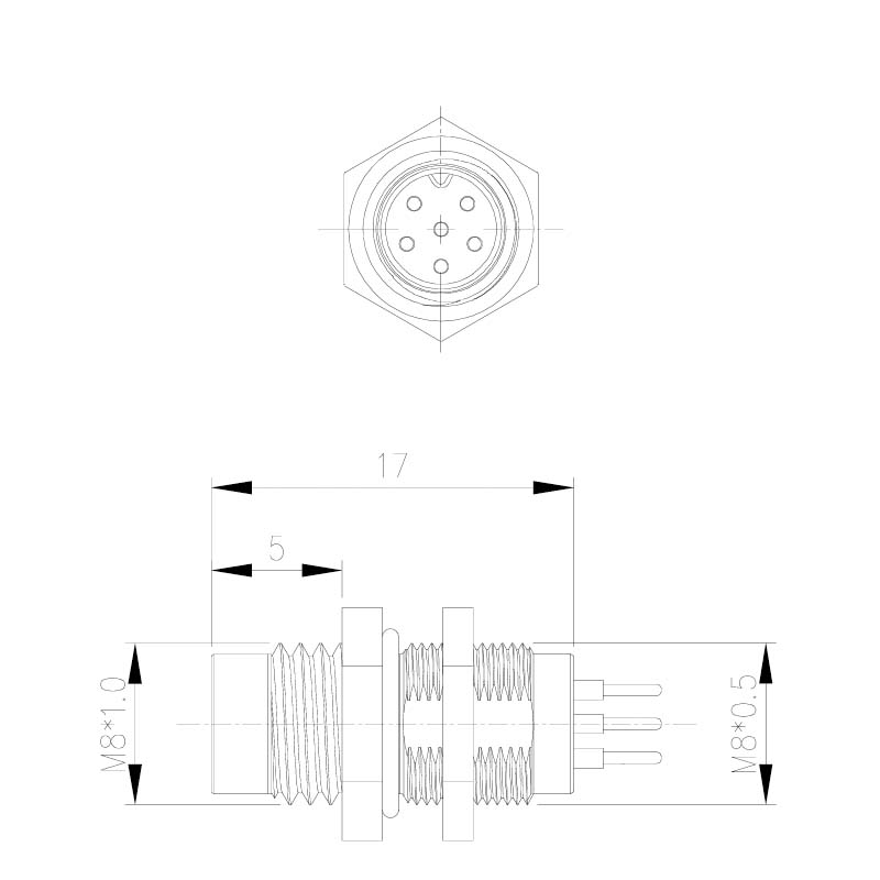 M8 front male straight PCB receptacle dimensions