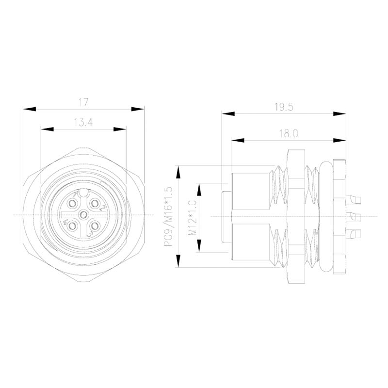 M12 rear female solder cup dimensions
