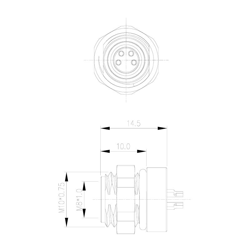 M8 rear female solder cup receptacle dimensions
