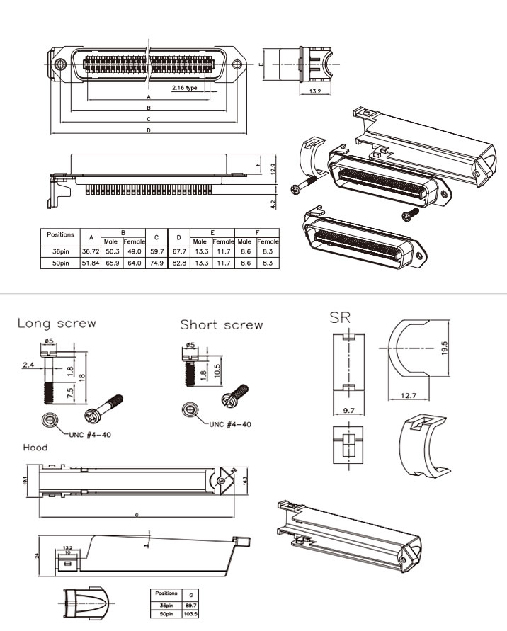 CC466A male female connector dimensions, hood lengths, strain relief and screw details