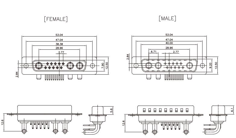 MP422F 13W3 right-angle male female connector outlines