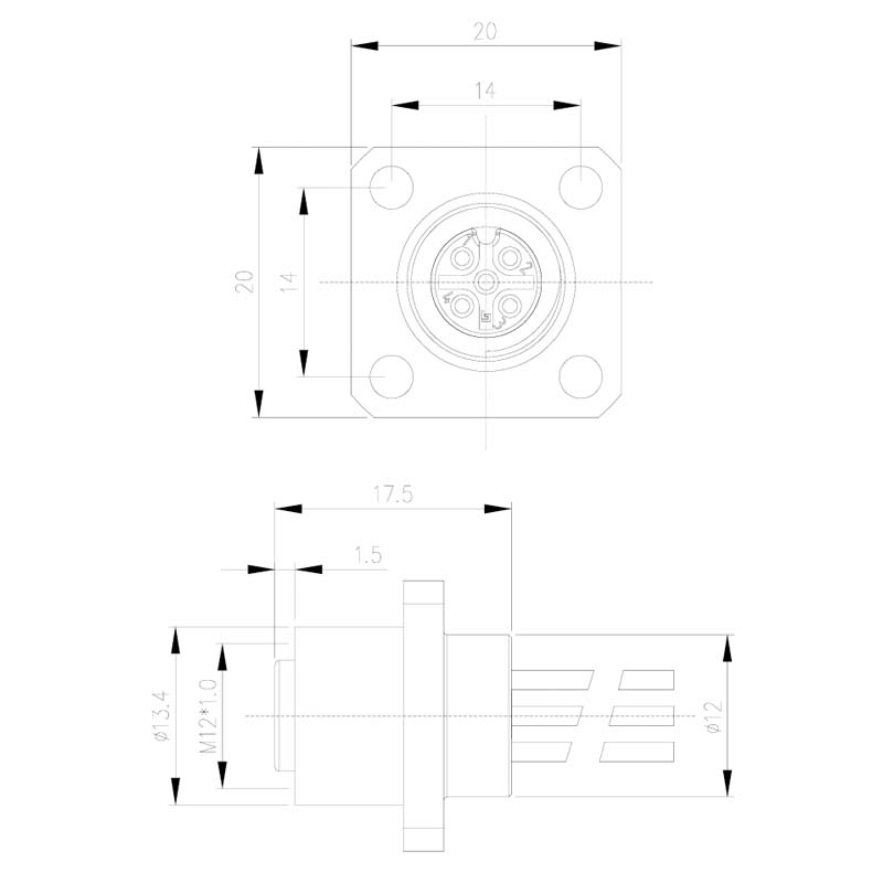 M12 flange female wire lead dimensions