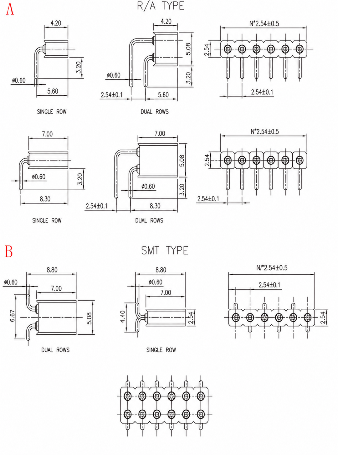 IC390H right-angle profiles and SMT mounting dimensions