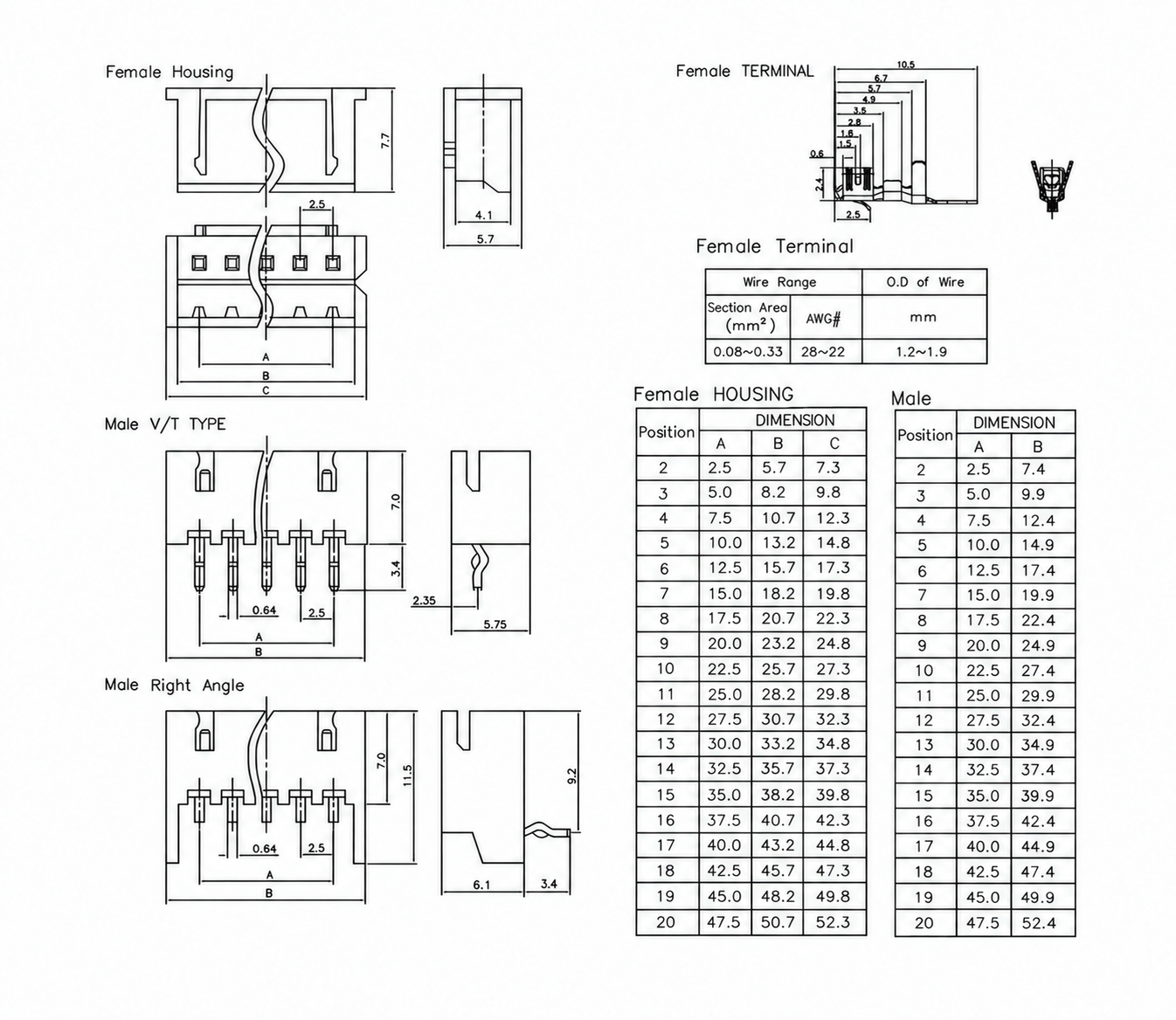 PCB457 XH housing terminal and PCB header dimensions with position tables