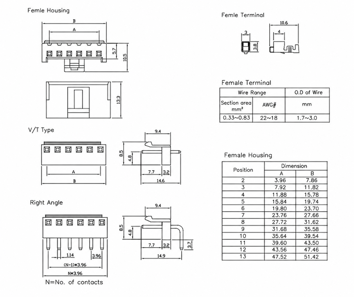 PCB461 VH terminal wire table female housing dimensions and male header profiles