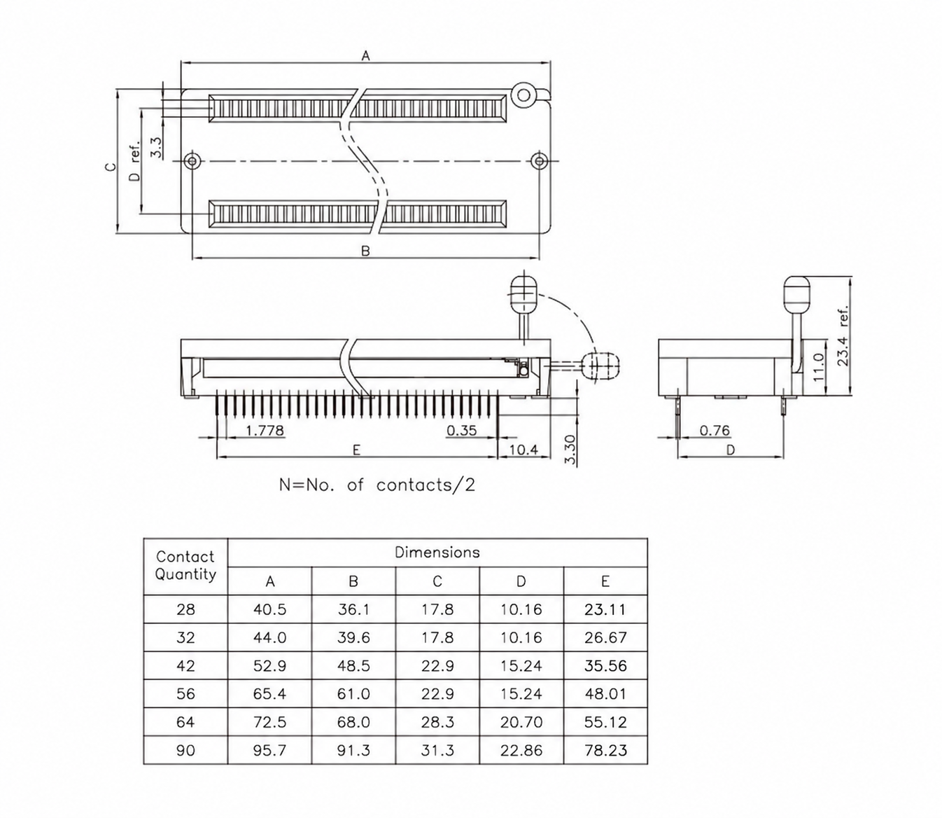 ZS432A body and row spacing dimensions with nominal end-pin spans