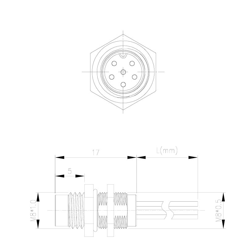 M8 front male wire lead receptacle dimensions