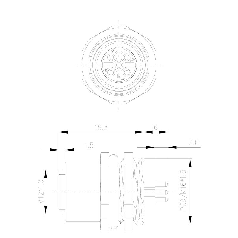 M12 front female straight PCB dimensions