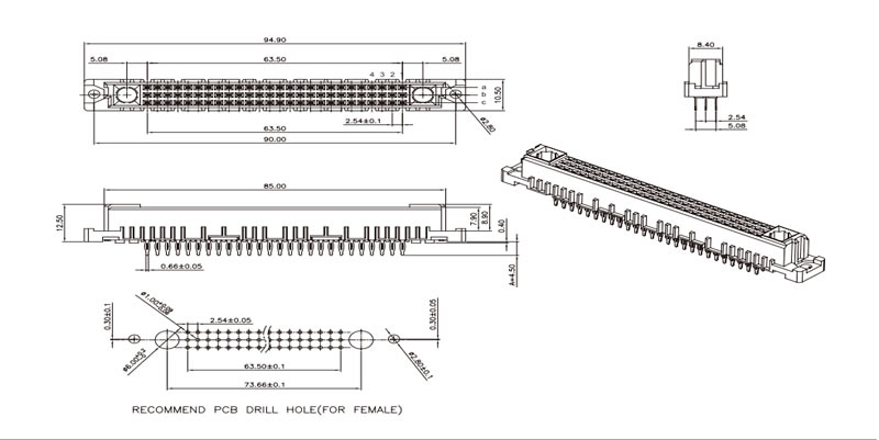 UD508A 78 plus 2 contact connector outline and dedicated PCB footprint