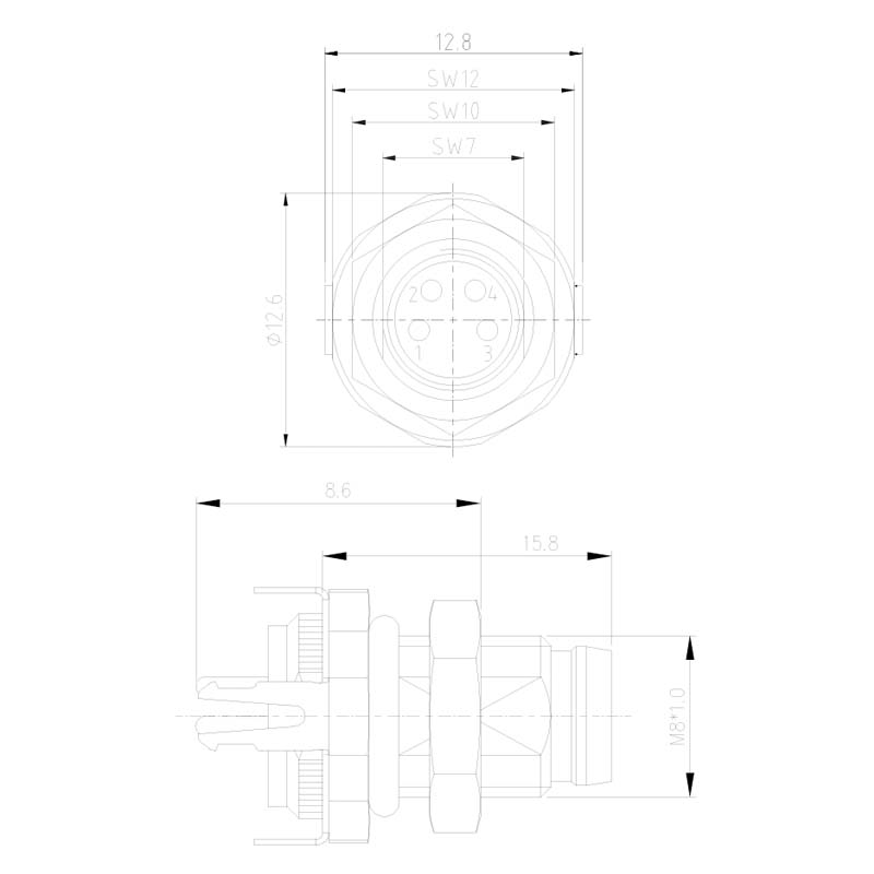 M8 shielded rear male straight PCB receptacle dimensions