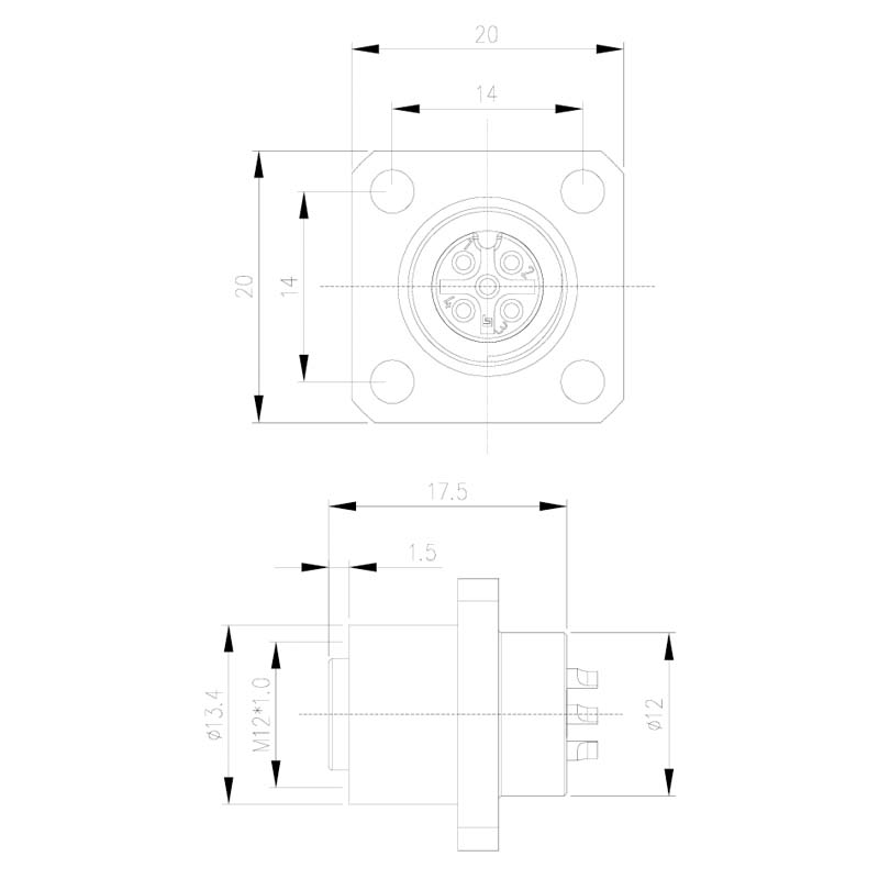 M12 flange female solder cup dimensions
