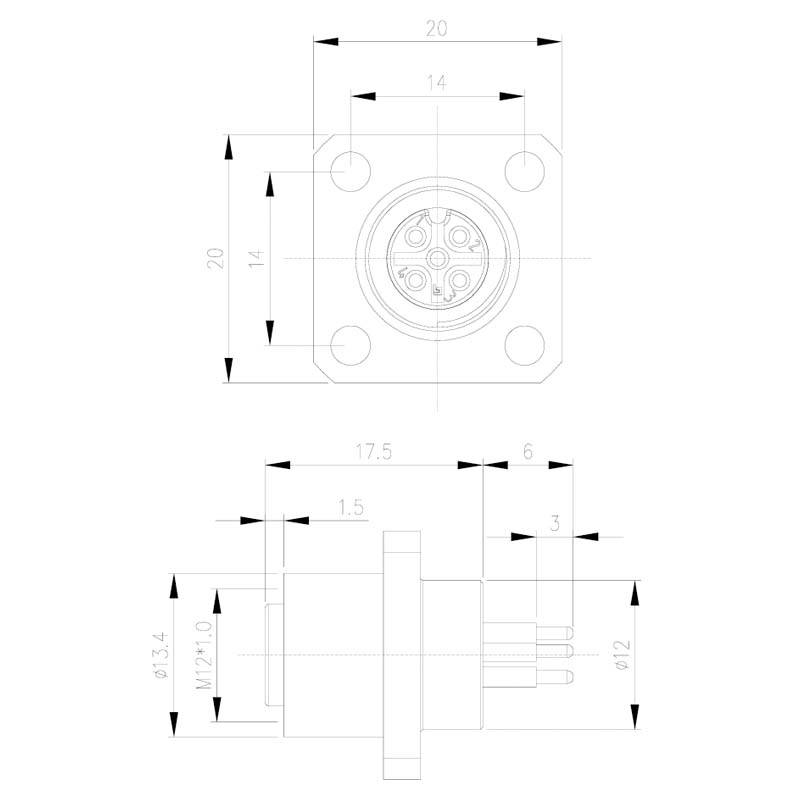M12 flange female straight PCB dimensions