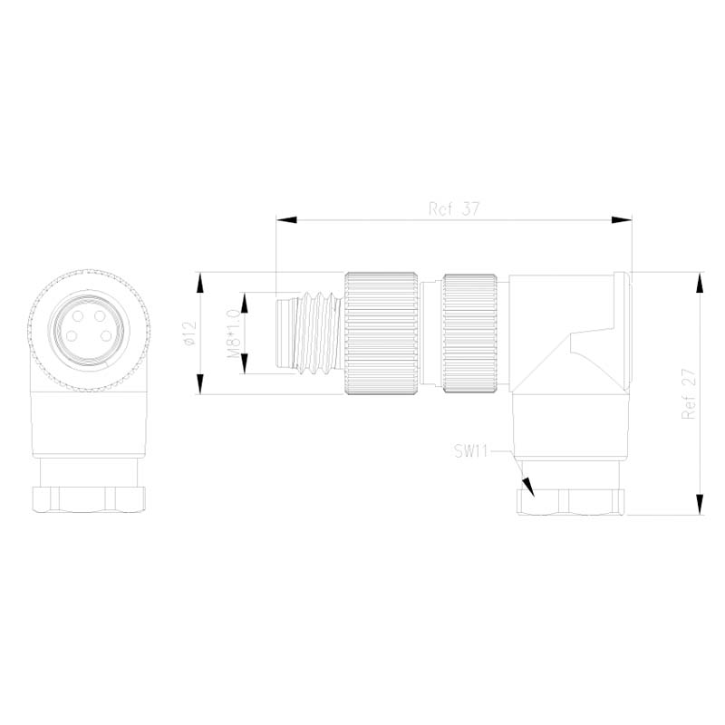 M8 unshielded angled male connector dimensions