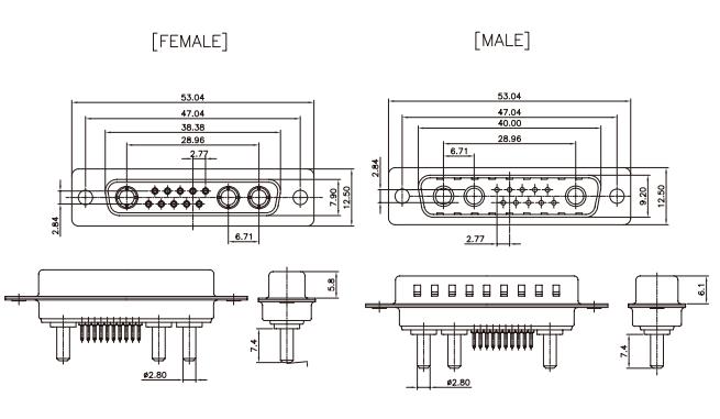 MP422O 13W3 straight male female connector outlines and power tails